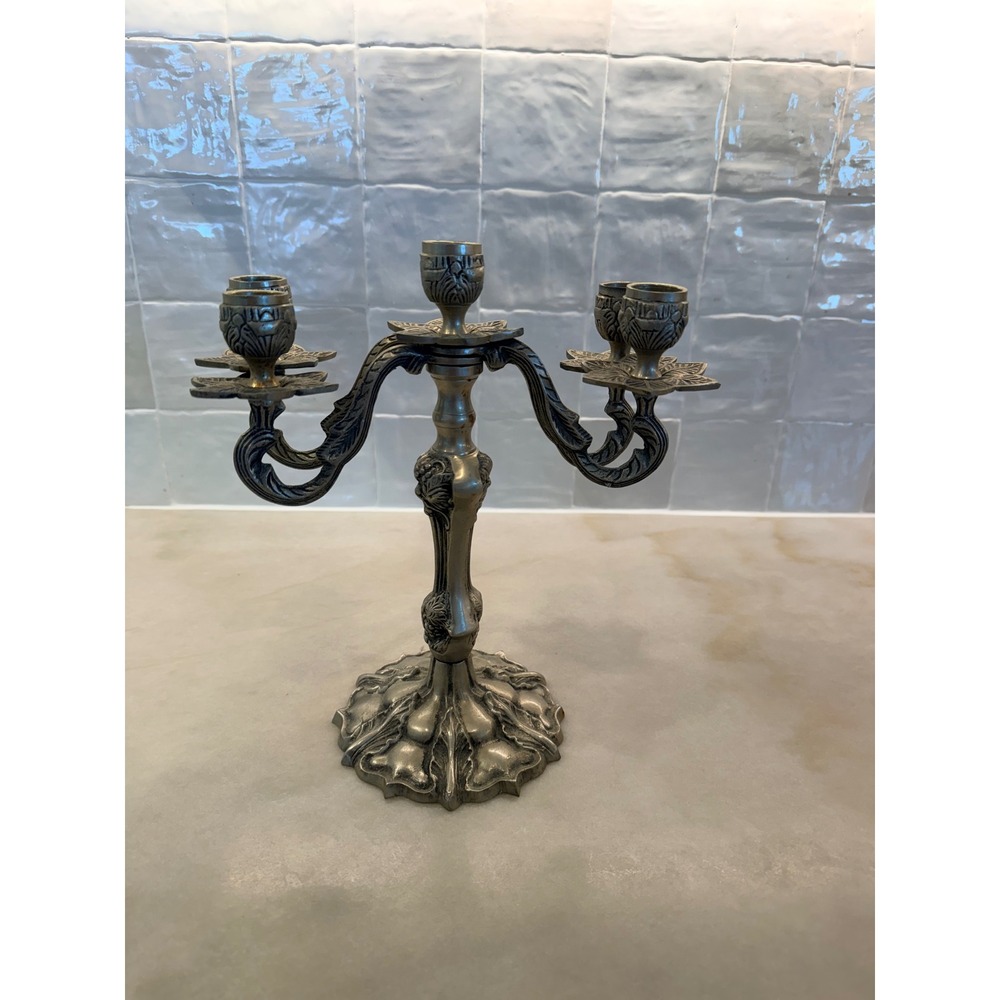 Vintage Ornate 5 Light Candelabra Cast Metal Silver Tone Floral Taper Holder